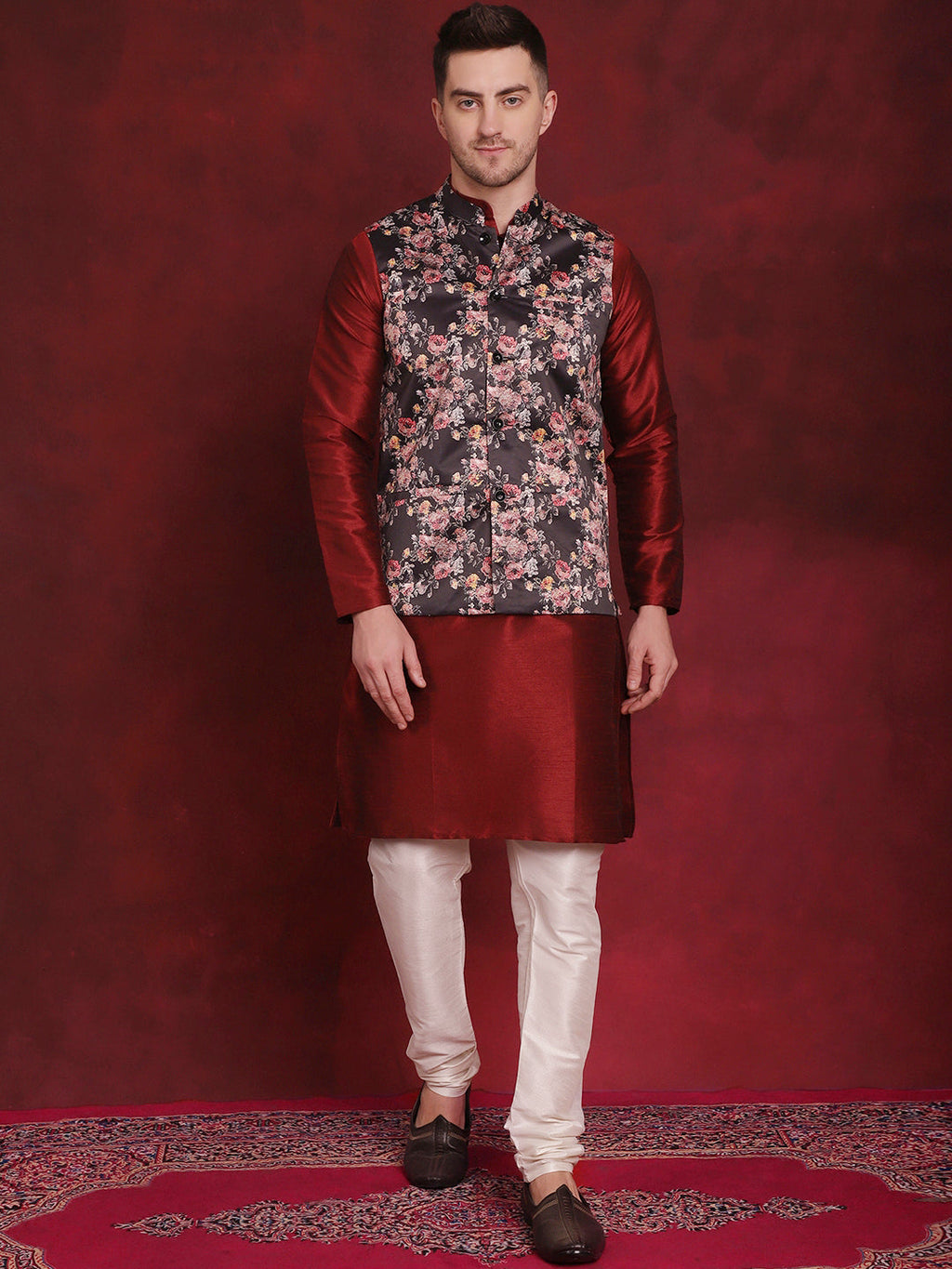 Jompers Men's Black Floral Printed Nehru Jacket With Kurta Pyjama Set | Grocsy