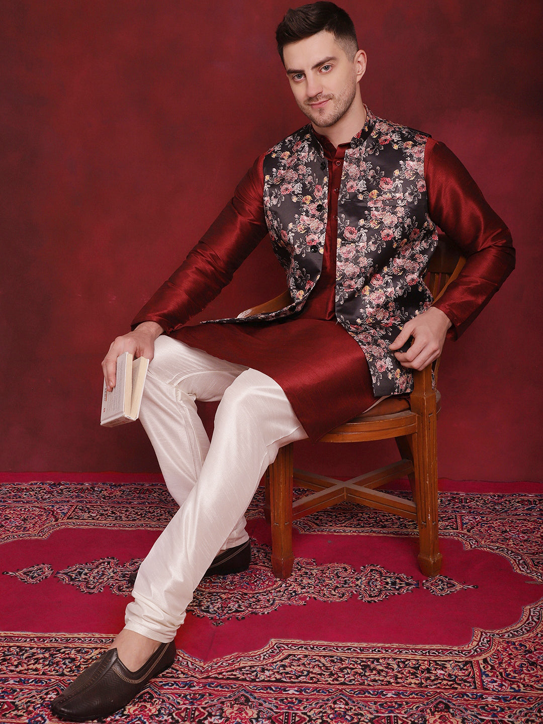 Jompers Men's Black Floral Printed Nehru Jacket With Kurta Pyjama Set | Grocsy