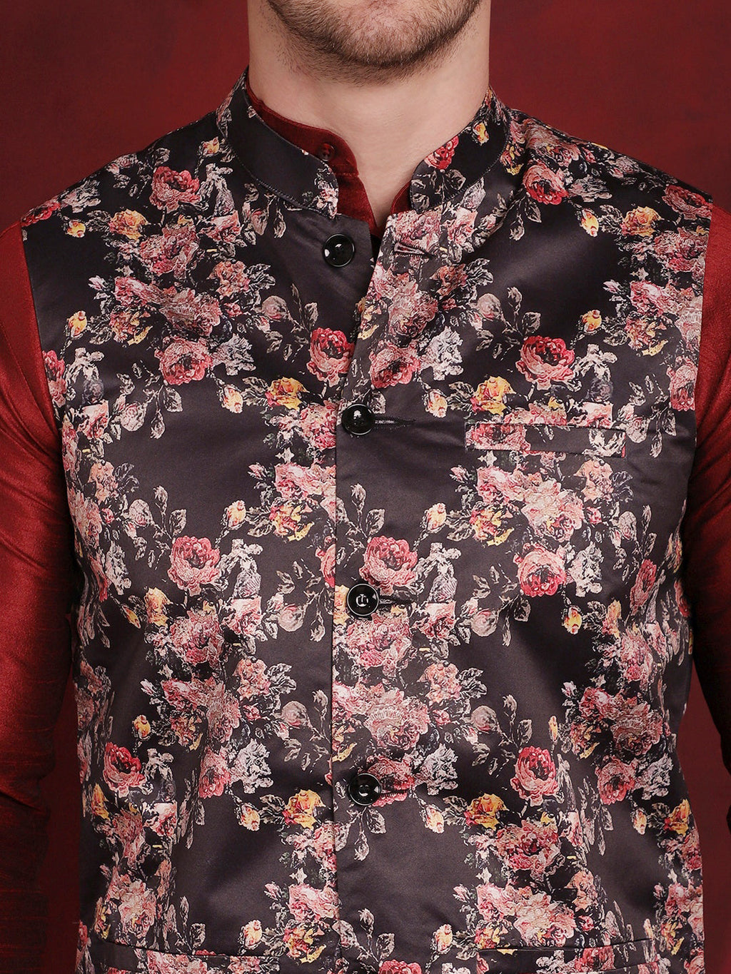 Jompers Men's Black Floral Printed Nehru Jacket With Kurta Pyjama Set | Grocsy