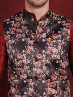 Jompers Men's Black Floral Printed Nehru Jacket With Kurta Pyjama Set | Grocsy