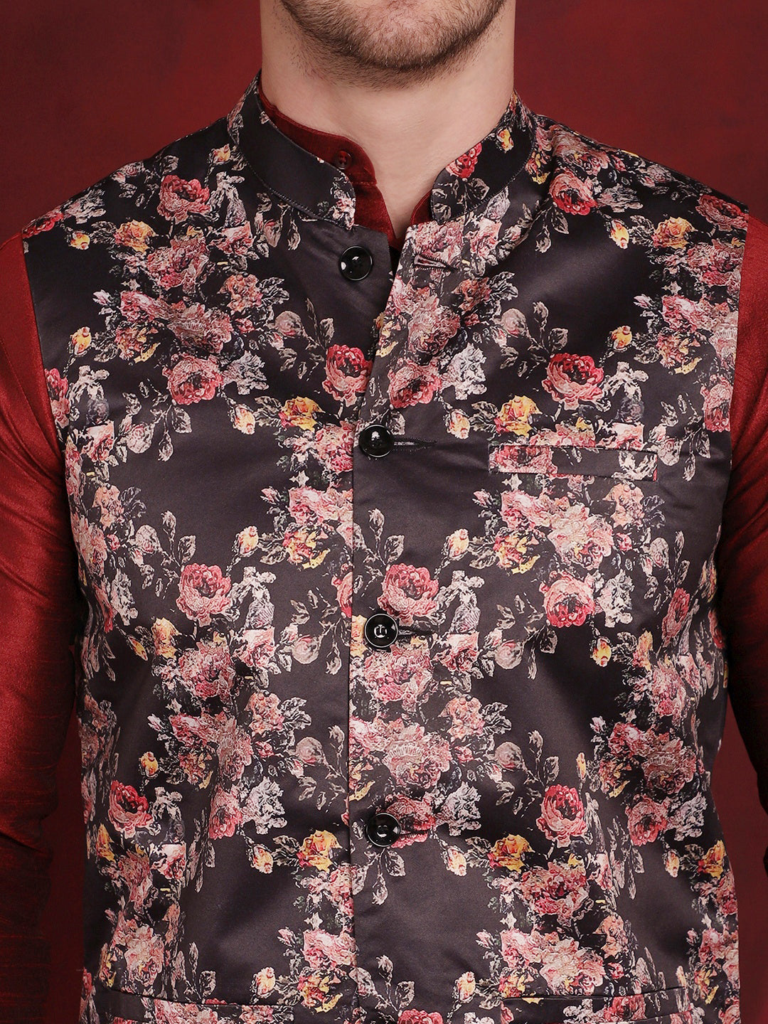Jompers Men's Black Floral Printed Nehru Jacket With Kurta Pyjama Set | Grocsy