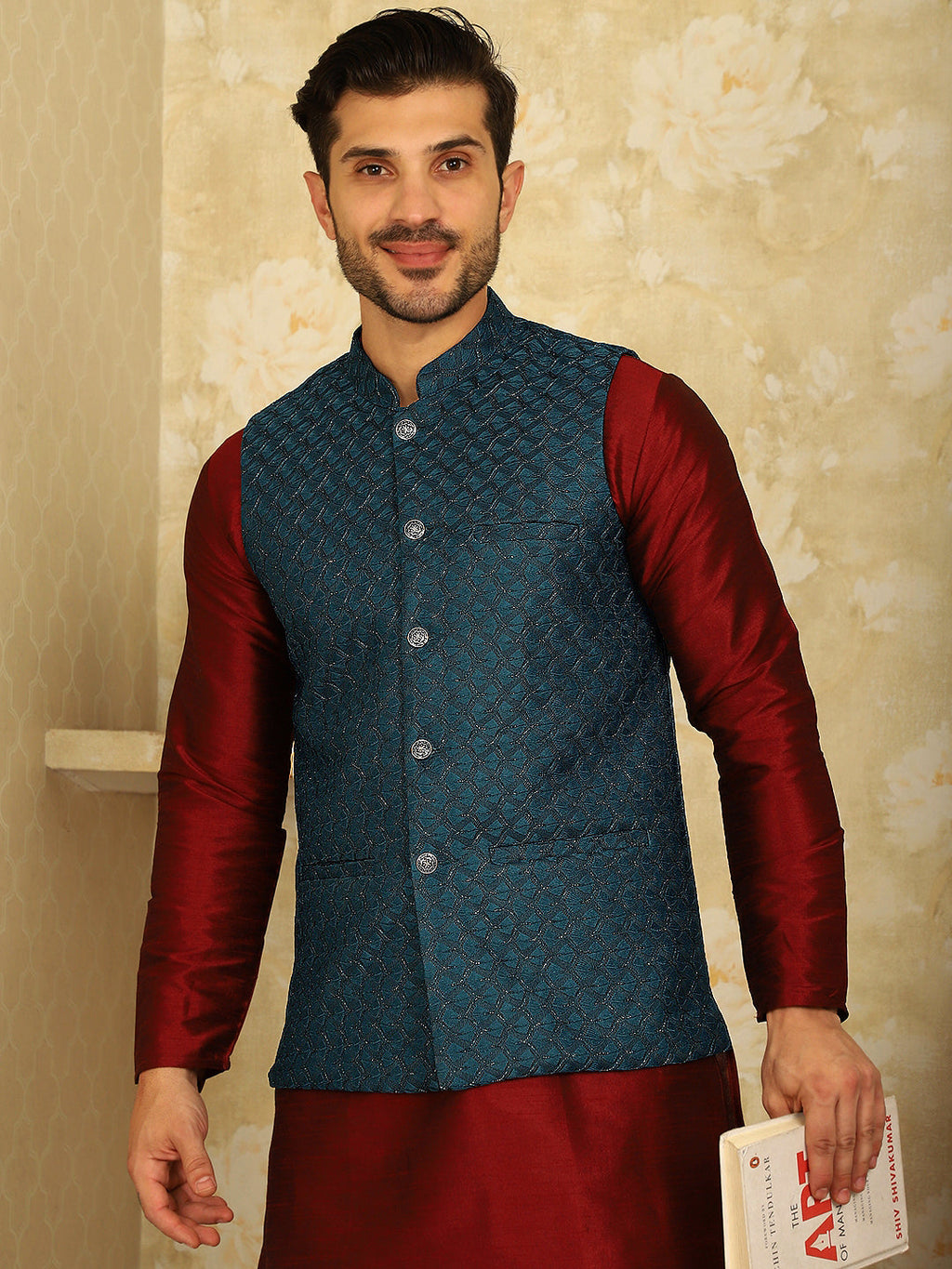 Jompers Men's Blue Woven Design Nehru Jacket With Kurta Pyjama Set | Grocsy
