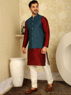Jompers Men's Blue Woven Design Nehru Jacket With Kurta Pyjama Set | Grocsy