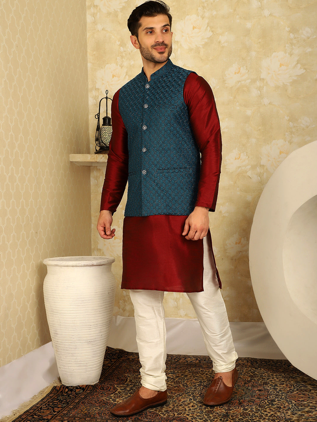 Jompers Men's Blue Woven Design Nehru Jacket With Kurta Pyjama Set | Grocsy