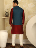 Jompers Men's Blue Woven Design Nehru Jacket With Kurta Pyjama Set | Grocsy