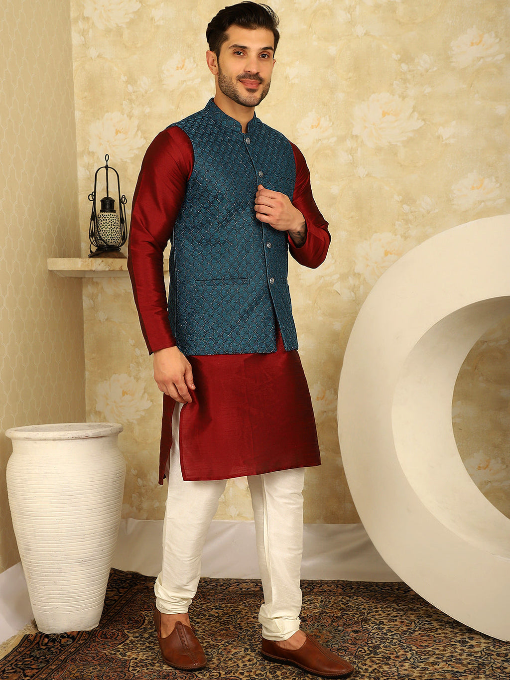 Jompers Men's Blue Woven Design Nehru Jacket With Kurta Pyjama Set | Grocsy