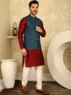 Jompers Men's Blue Woven Design Nehru Jacket With Kurta Pyjama Set | Grocsy