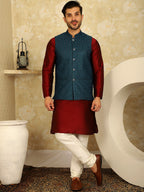 Jompers Men's Blue Woven Design Nehru Jacket With Kurta Pyjama Set | Grocsy