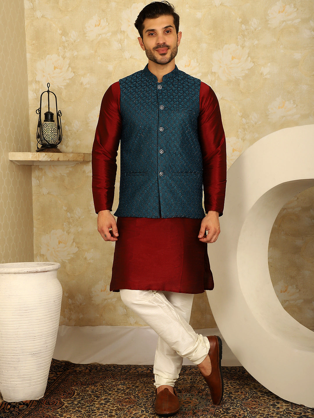 Jompers Men's Blue Woven Design Nehru Jacket With Kurta Pyjama Set | Grocsy