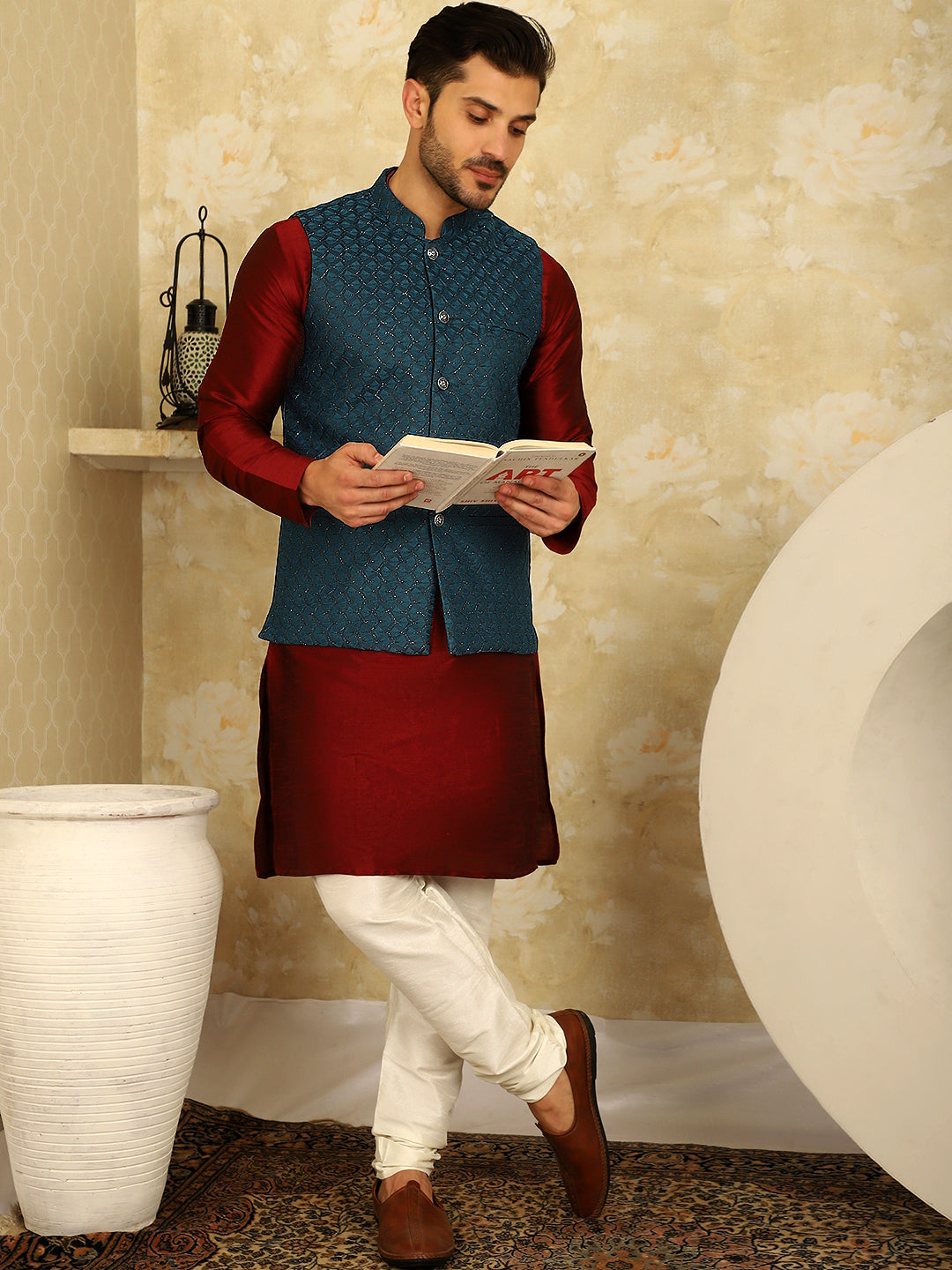 Jompers Men's Blue Woven Design Nehru Jacket With Kurta Pyjama Set | Grocsy