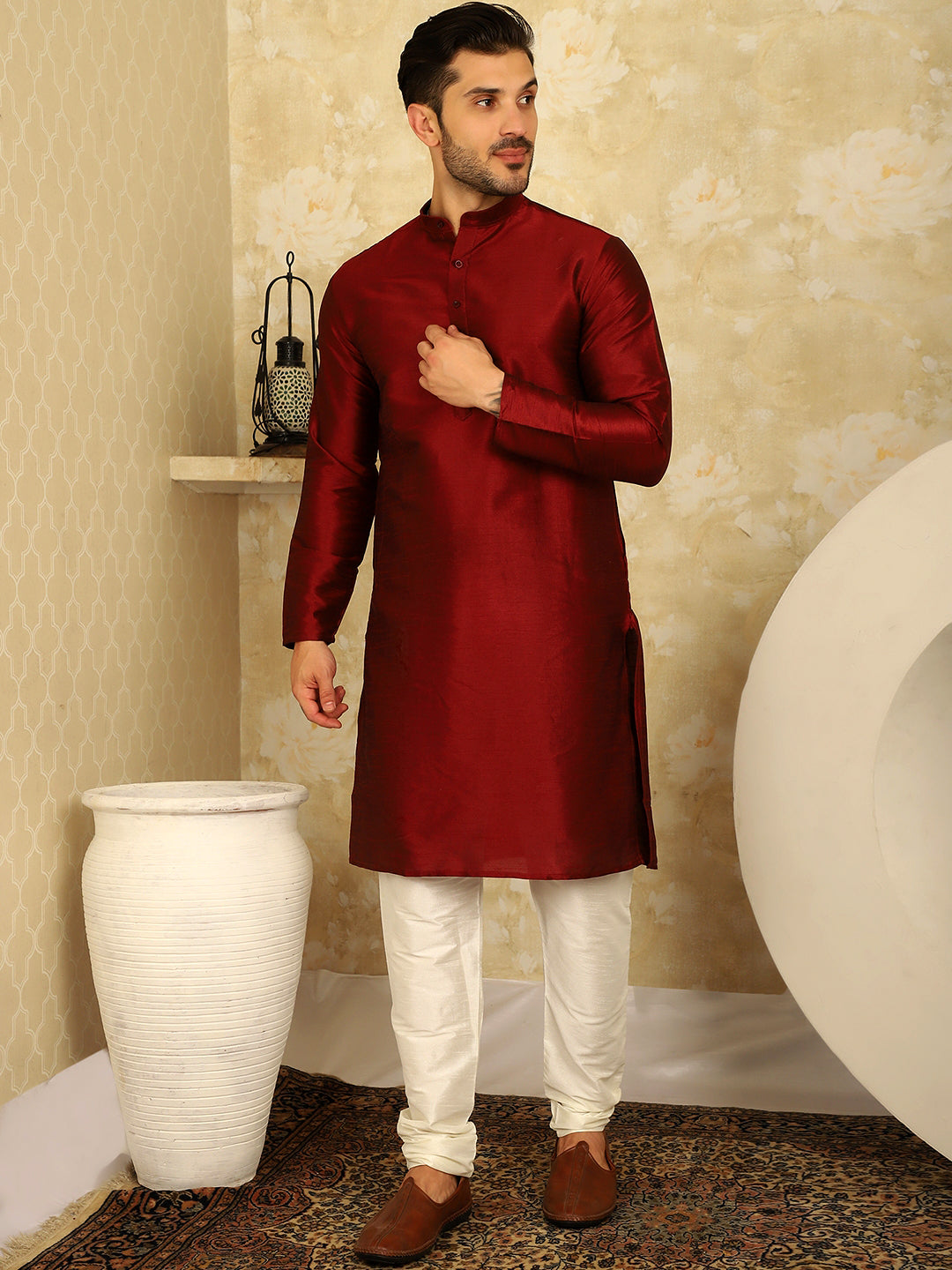 Jompers Men's Blue Woven Design Nehru Jacket With Kurta Pyjama Set | Grocsy