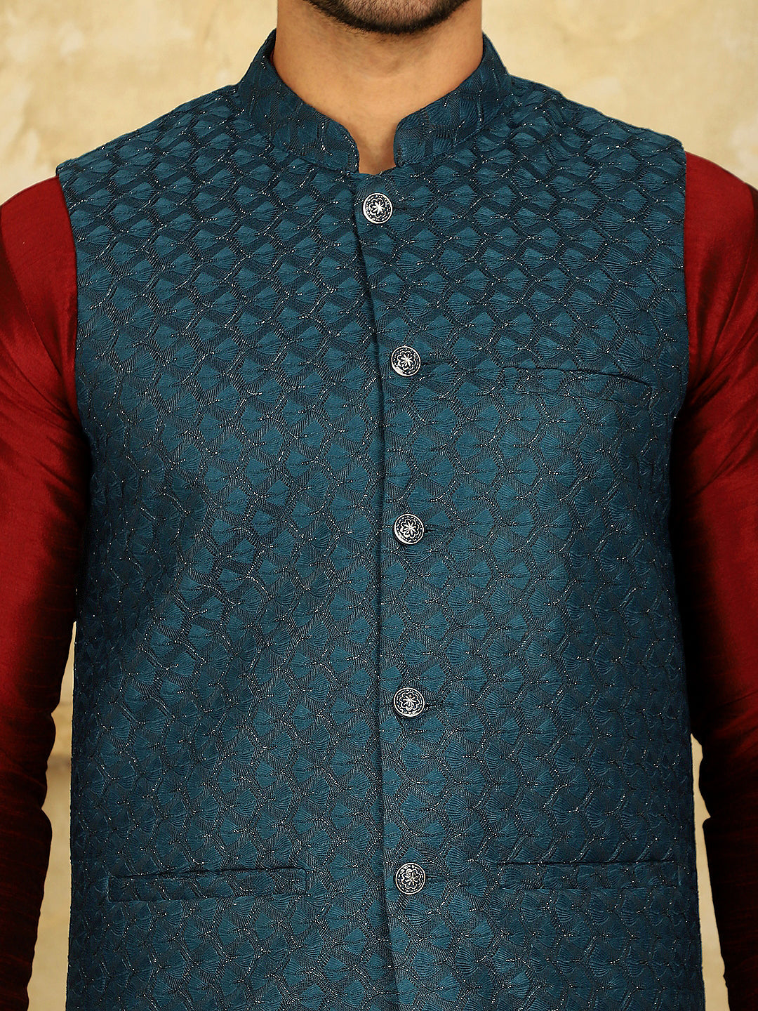 Jompers Men's Blue Woven Design Nehru Jacket With Kurta Pyjama Set | Grocsy