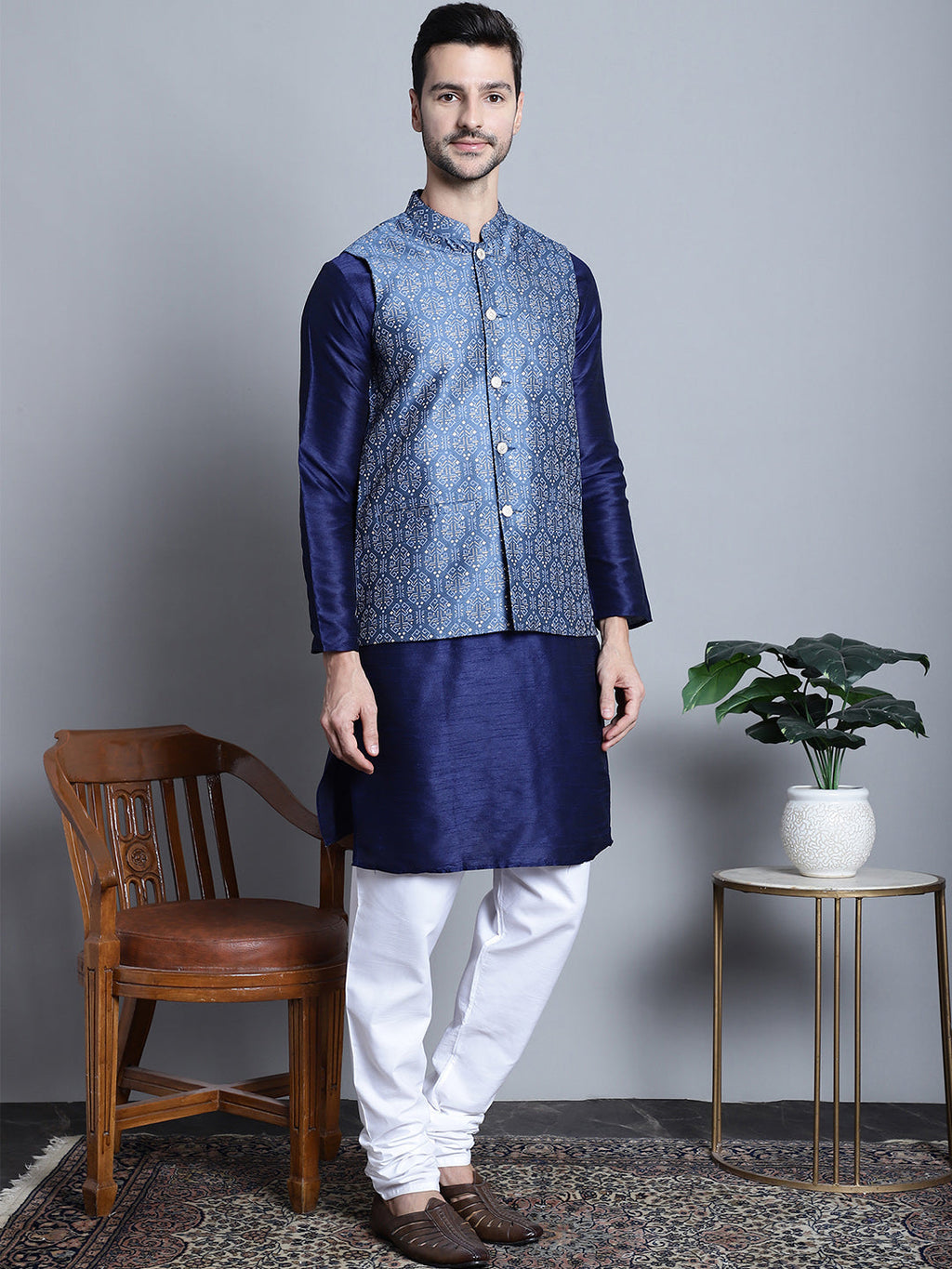 Jompers Men's Printed Nehru Jacket With Kurta Pyjama Set - Blue | Grocsy