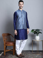 Jompers Men's Printed Nehru Jacket With Kurta Pyjama Set - Blue | Grocsy
