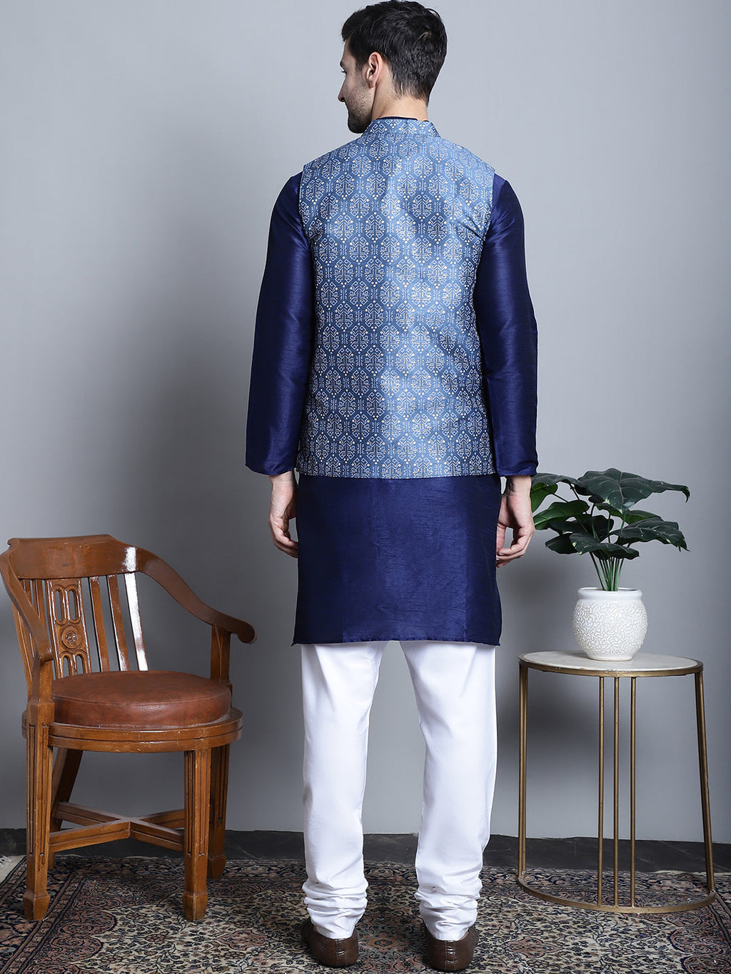 Jompers Men's Printed Nehru Jacket With Kurta Pyjama Set - Blue | Grocsy