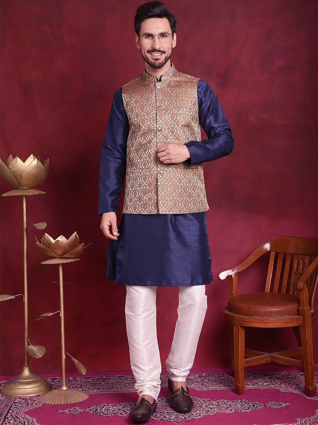 Jompers Men's Woven Design Nehru Jacket With Kurta Pyjama Set - Brown | Grocsy