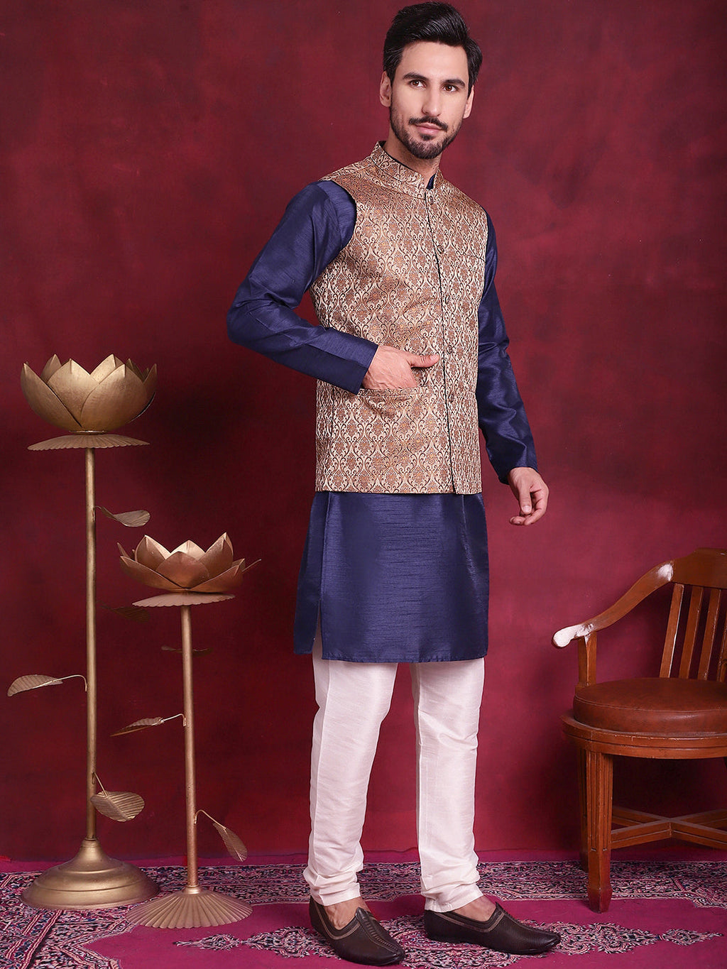 Jompers Men's Woven Design Nehru Jacket With Kurta Pyjama Set - Brown | Grocsy