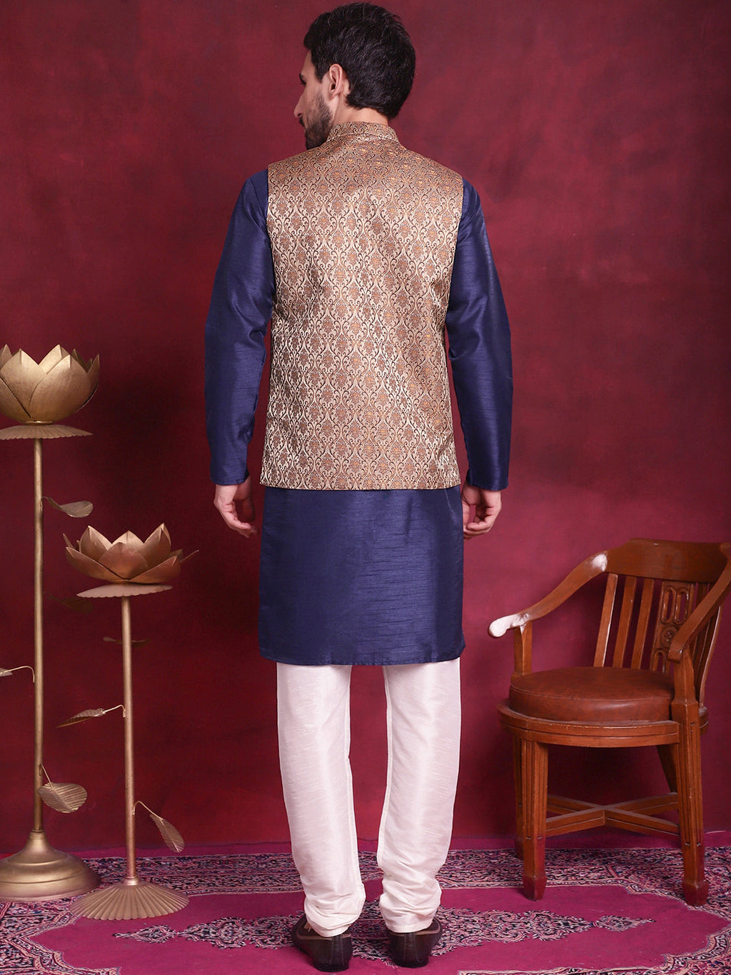 Jompers Men's Woven Design Nehru Jacket With Kurta Pyjama Set - Brown | Grocsy