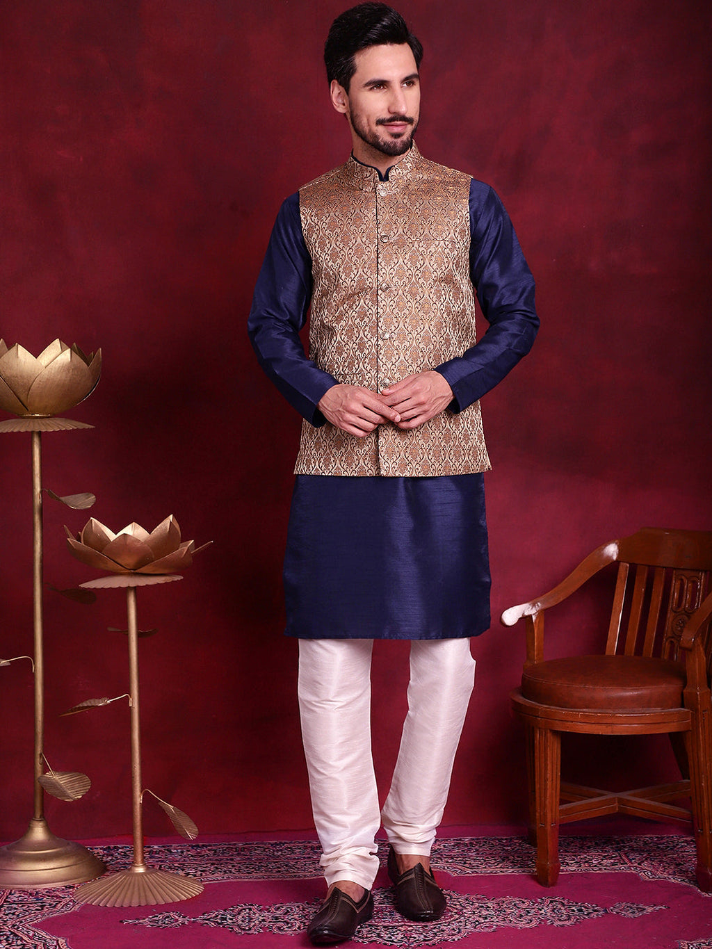 Jompers Men's Woven Design Nehru Jacket With Kurta Pyjama Set - Brown | Grocsy