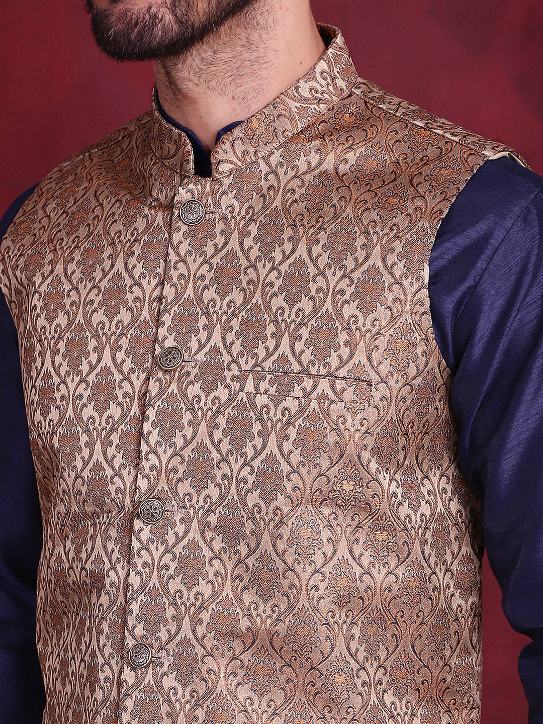 Jompers Men's Woven Design Nehru Jacket With Kurta Pyjama Set - Brown | Grocsy