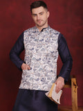 Jompers Men's White Floral Printed Nehru Jacket With Kurta Pyjama Set | Grocsy