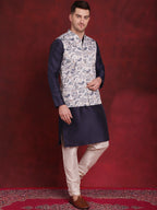 Jompers Men's White Floral Printed Nehru Jacket With Kurta Pyjama Set | Grocsy
