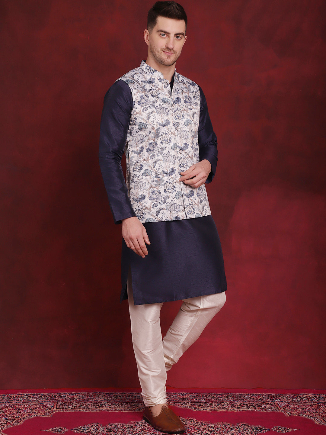 Jompers Men's White Floral Printed Nehru Jacket With Kurta Pyjama Set | Grocsy