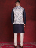 Jompers Men's White Floral Printed Nehru Jacket With Kurta Pyjama Set | Grocsy