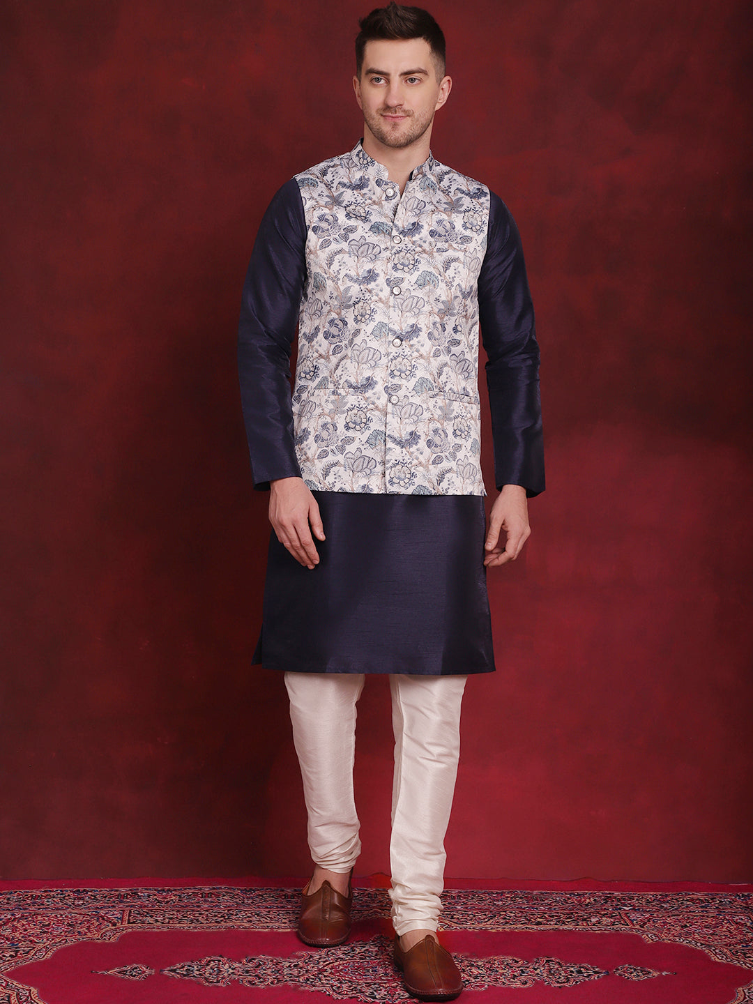 Jompers Men's White Floral Printed Nehru Jacket With Kurta Pyjama Set | Grocsy