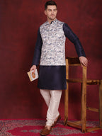 Jompers Men's White Floral Printed Nehru Jacket With Kurta Pyjama Set | Grocsy