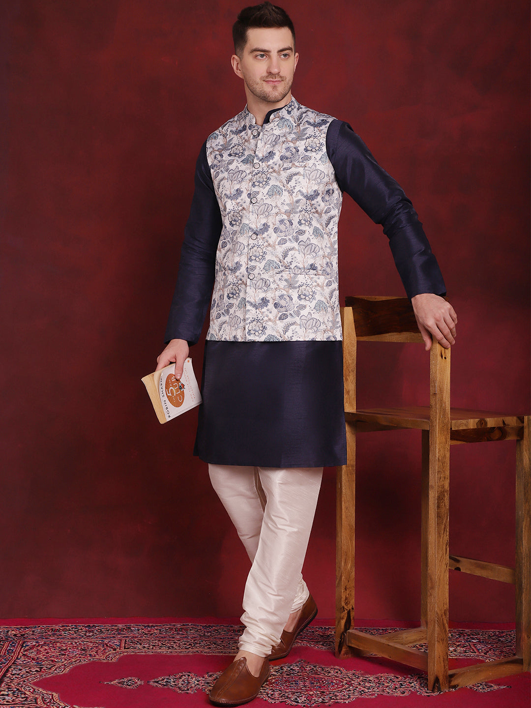 Jompers Men's White Floral Printed Nehru Jacket With Kurta Pyjama Set | Grocsy