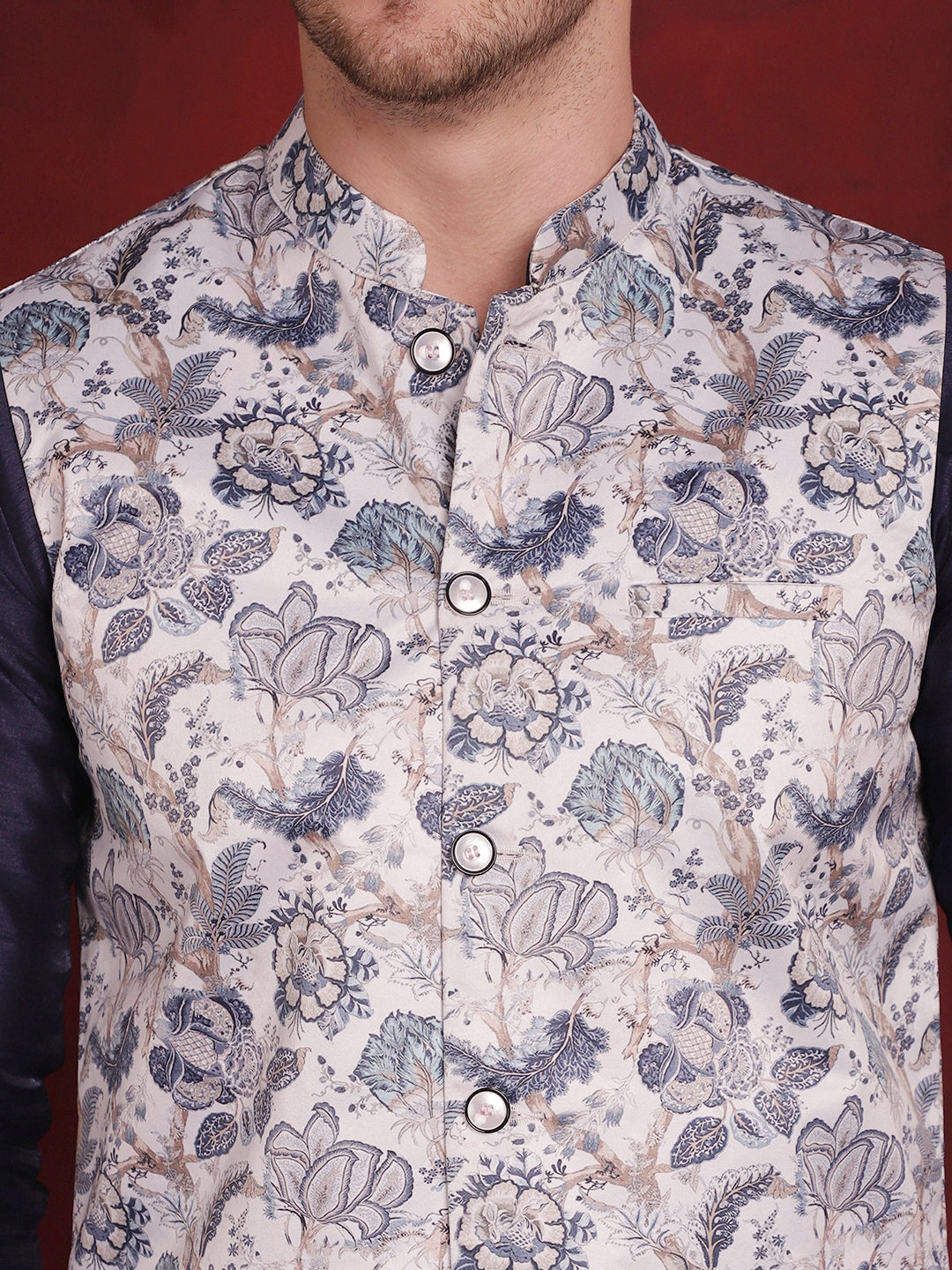 Jompers Men's White Floral Printed Nehru Jacket With Kurta Pyjama Set | Grocsy