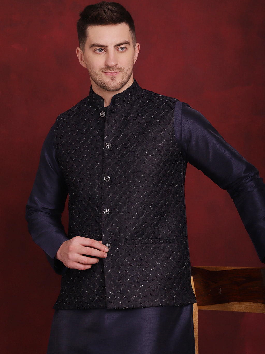 Jompers Men's Navy Blue Woven Design Nehru Jacket With Kurta Pyjama Set | Grocsy