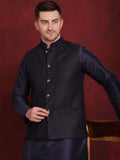 Jompers Men's Navy Blue Woven Design Nehru Jacket With Kurta Pyjama Set | Grocsy