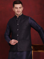 Jompers Men's Navy Blue Woven Design Nehru Jacket With Kurta Pyjama Set | Grocsy