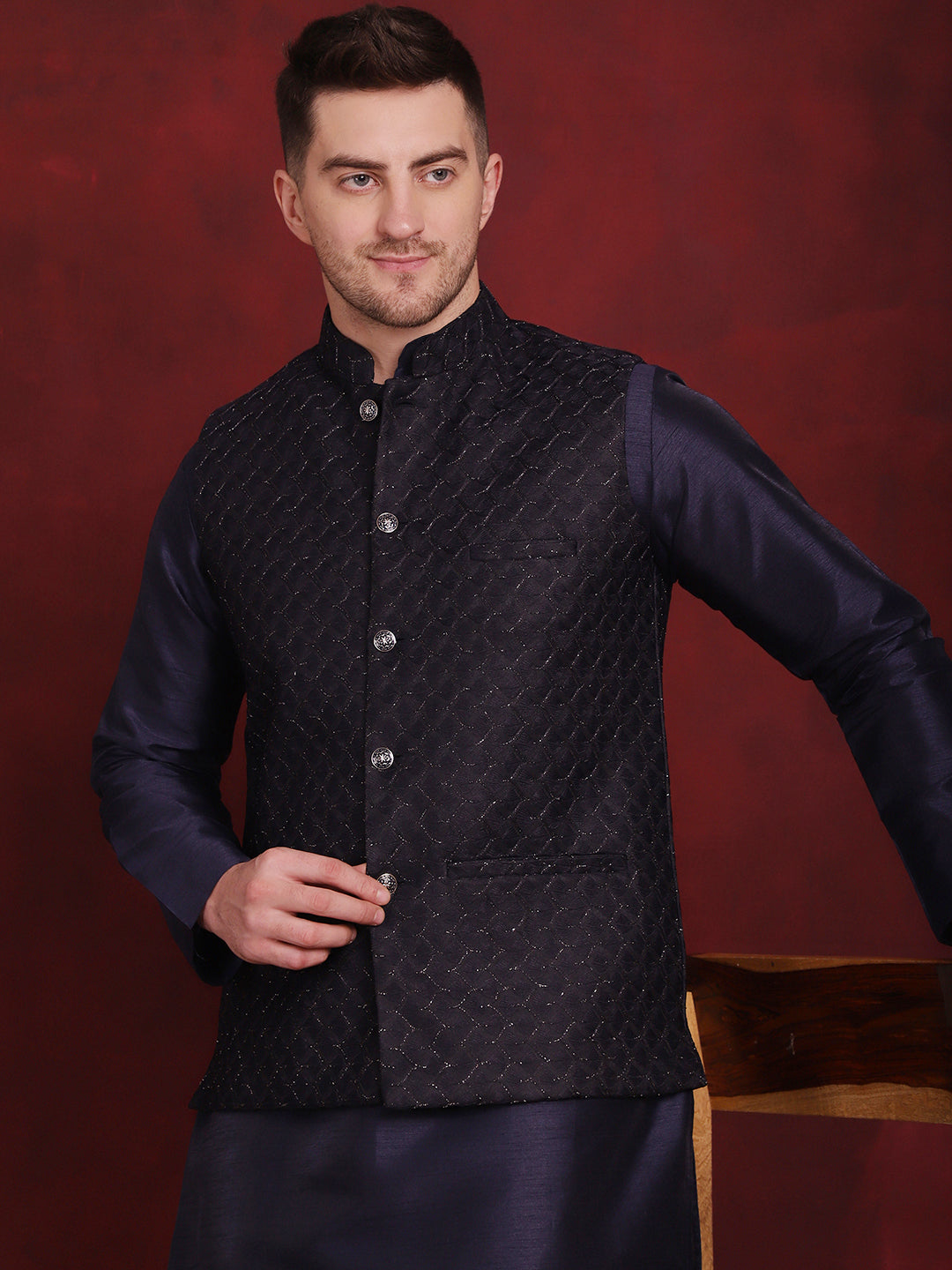 Jompers Men's Navy Blue Woven Design Nehru Jacket With Kurta Pyjama Set | Grocsy