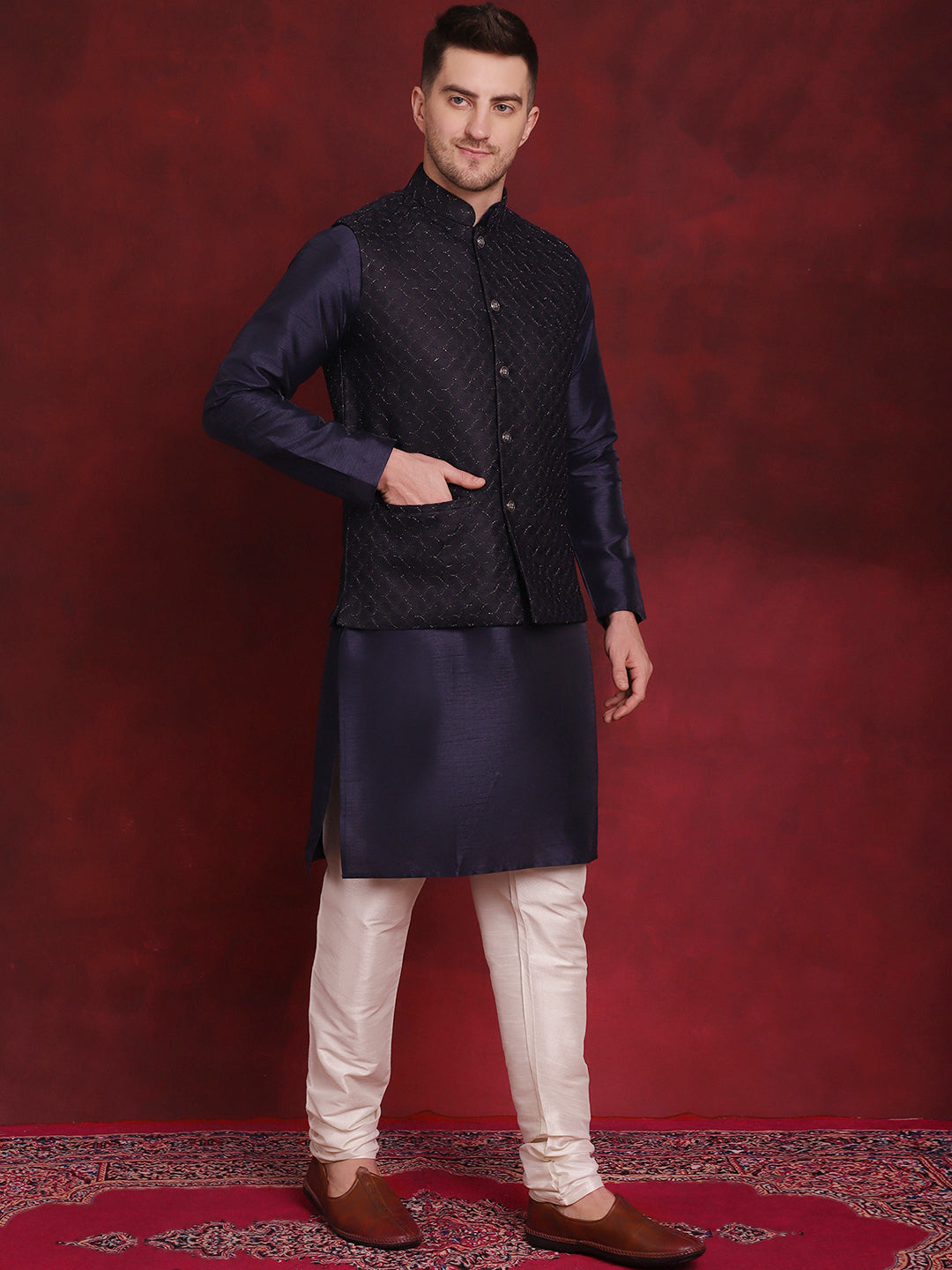 Jompers Men's Navy Blue Woven Design Nehru Jacket With Kurta Pyjama Set | Grocsy