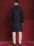 Jompers Men's Navy Blue Woven Design Nehru Jacket With Kurta Pyjama Set | Grocsy