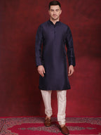Jompers Men's Navy Blue Woven Design Nehru Jacket With Kurta Pyjama Set | Grocsy