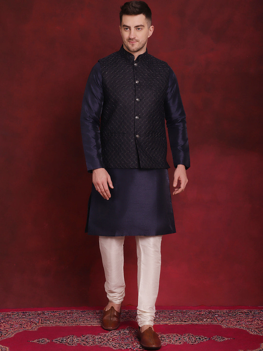 Jompers Men's Navy Blue Woven Design Nehru Jacket With Kurta Pyjama Set | Grocsy