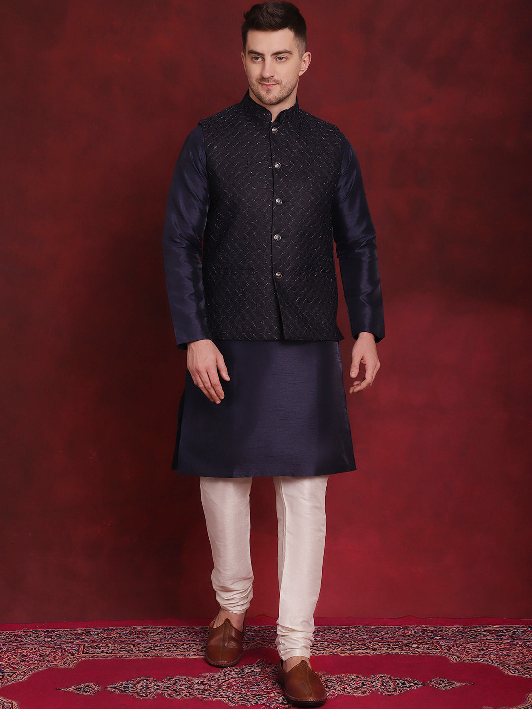 Jompers Men's Navy Blue Woven Design Nehru Jacket With Kurta Pyjama Set | Grocsy