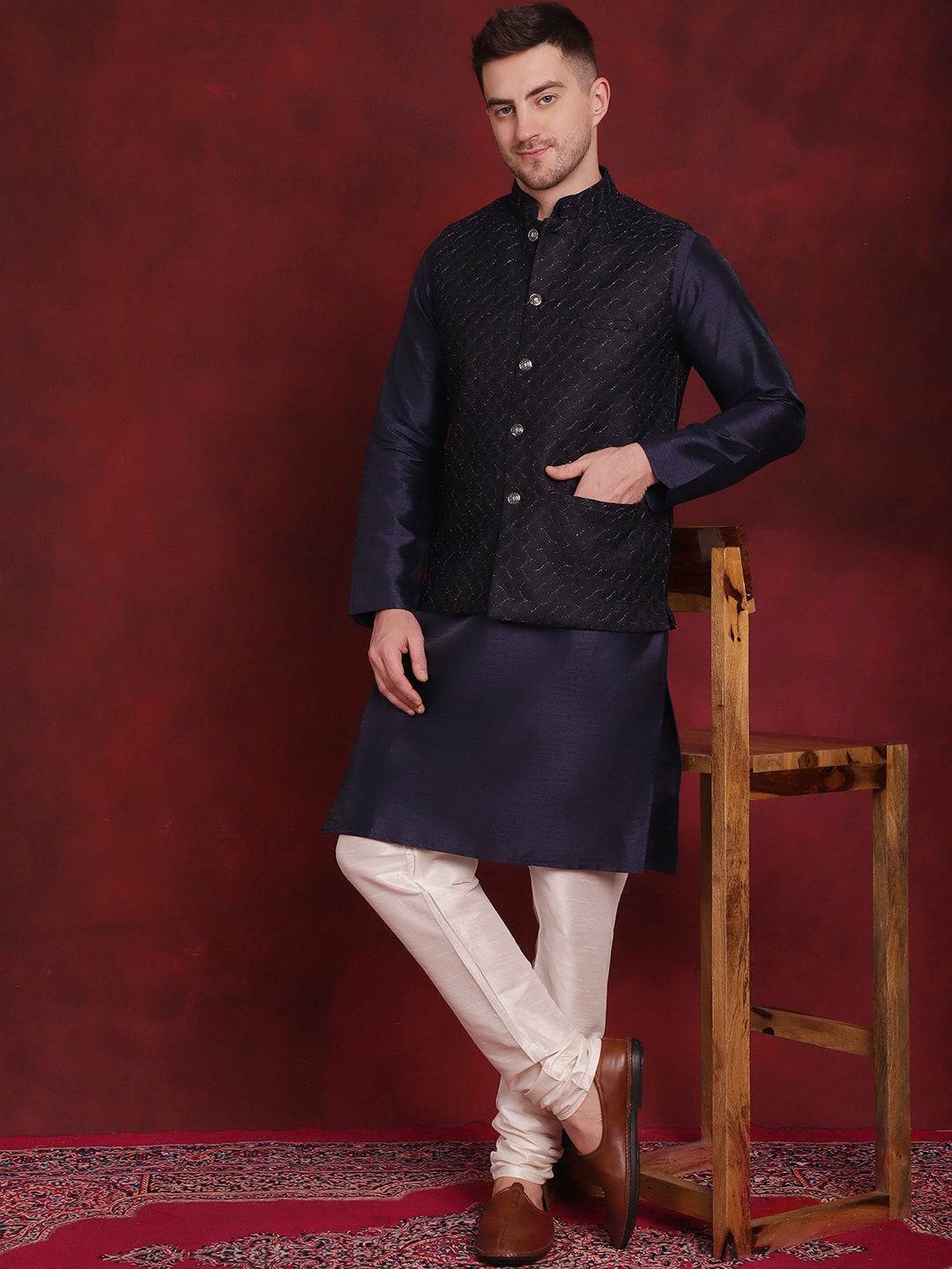 Jompers Men's Navy Blue Woven Design Nehru Jacket With Kurta Pyjama Set | Grocsy