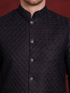 Jompers Men's Navy Blue Woven Design Nehru Jacket With Kurta Pyjama Set | Grocsy