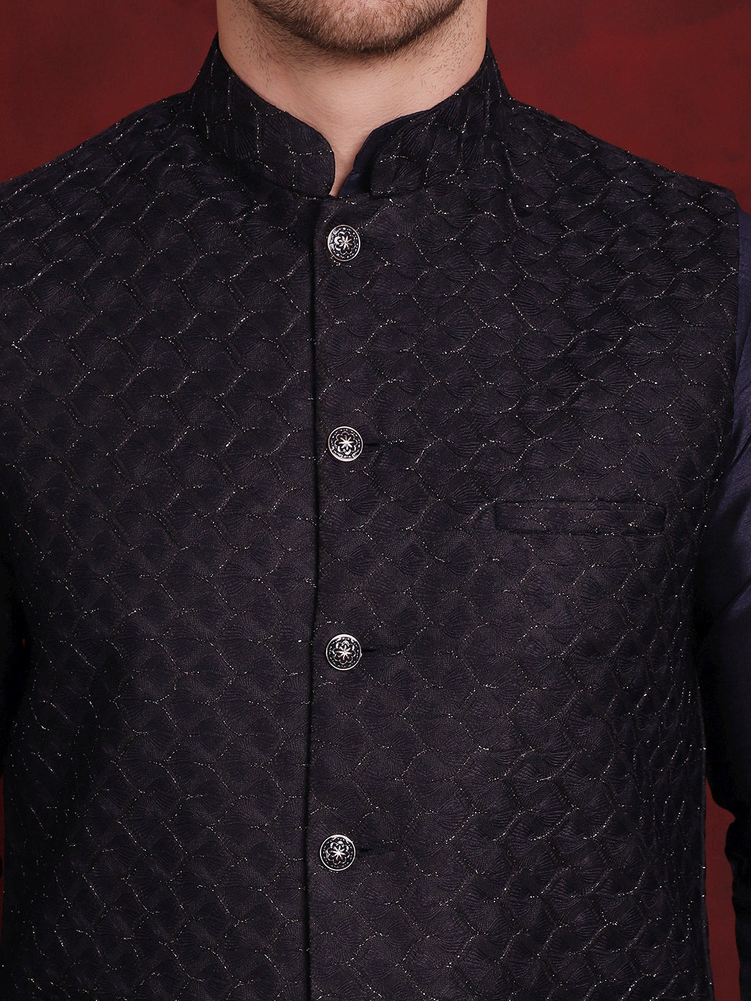 Jompers Men's Navy Blue Woven Design Nehru Jacket With Kurta Pyjama Set | Grocsy