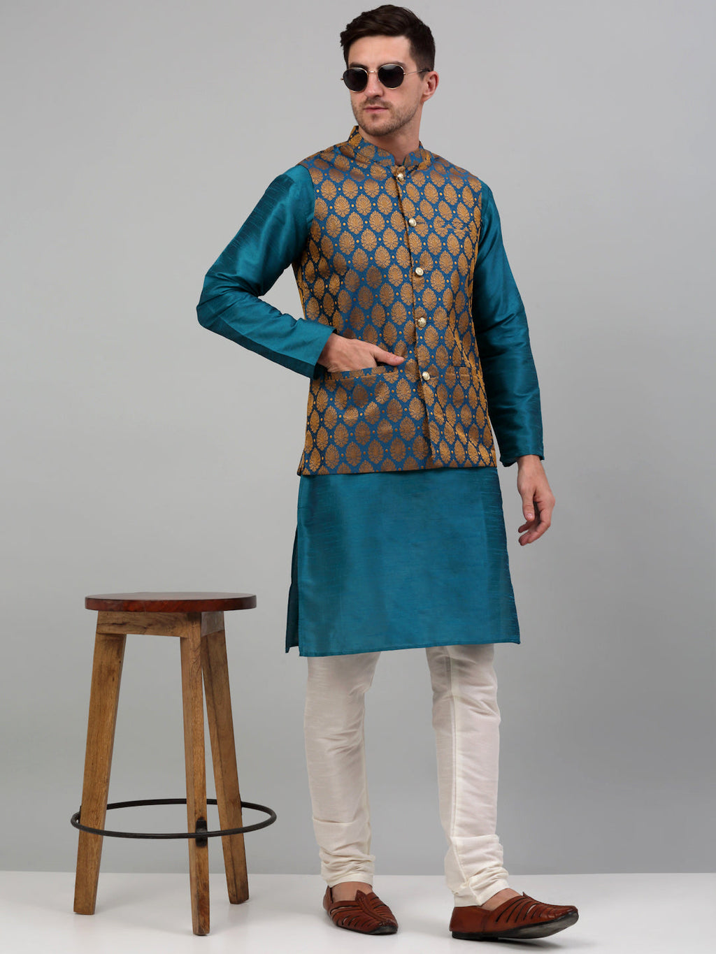 Jompers Men's Woven Design Nehru Jacket and Kurta Pyjama Set - Blue | Grocsy