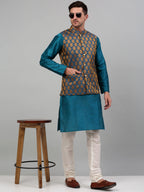 Jompers Men's Woven Design Nehru Jacket and Kurta Pyjama Set - Blue | Grocsy