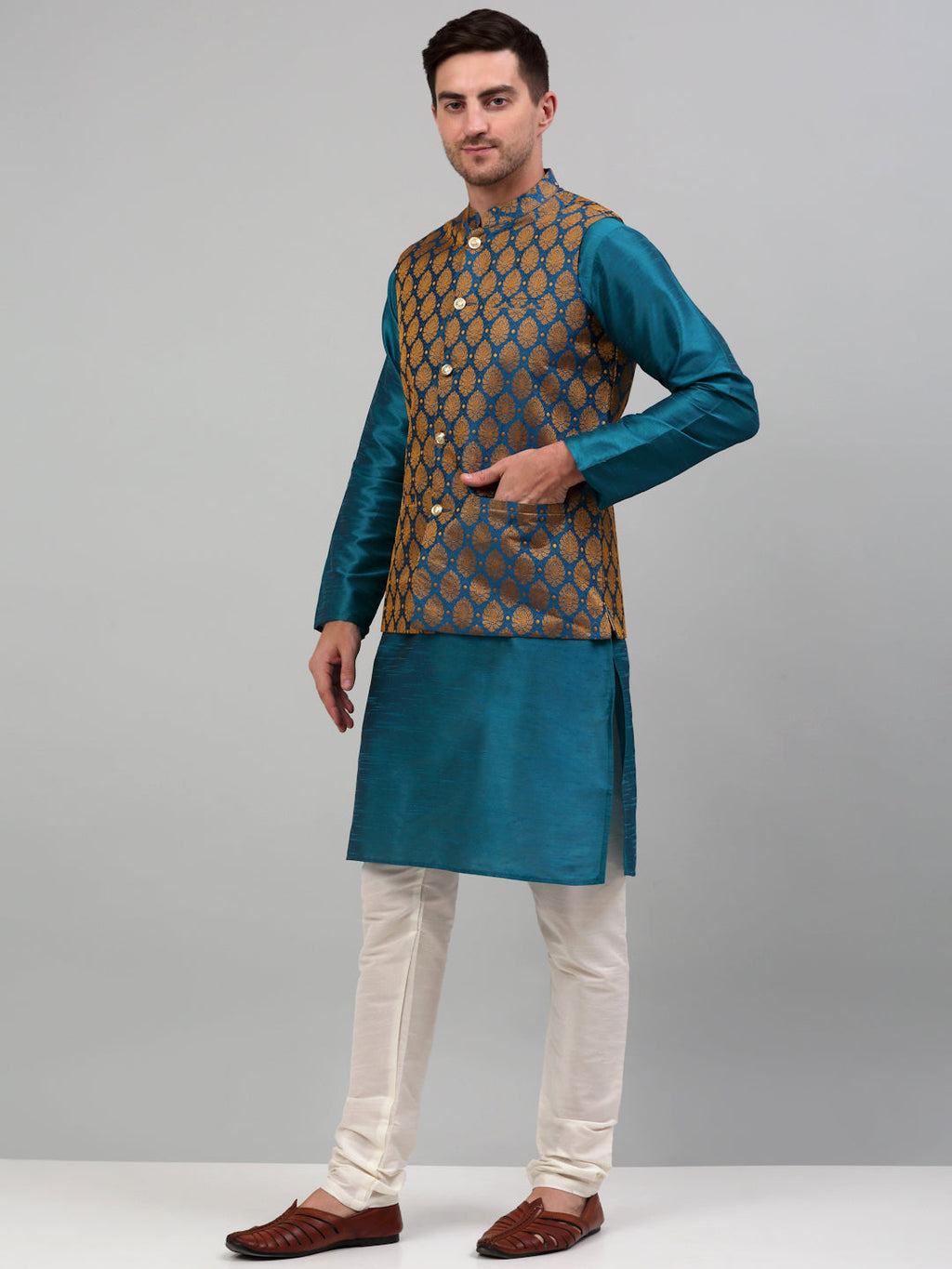 Jompers Men's Woven Design Nehru Jacket and Kurta Pyjama Set - Blue | Grocsy