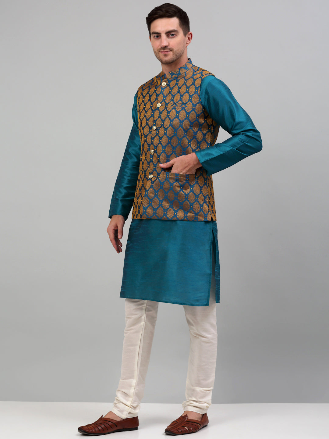 Jompers Men's Woven Design Nehru Jacket and Kurta Pyjama Set - Blue | Grocsy