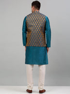 Jompers Men's Woven Design Nehru Jacket and Kurta Pyjama Set - Blue | Grocsy