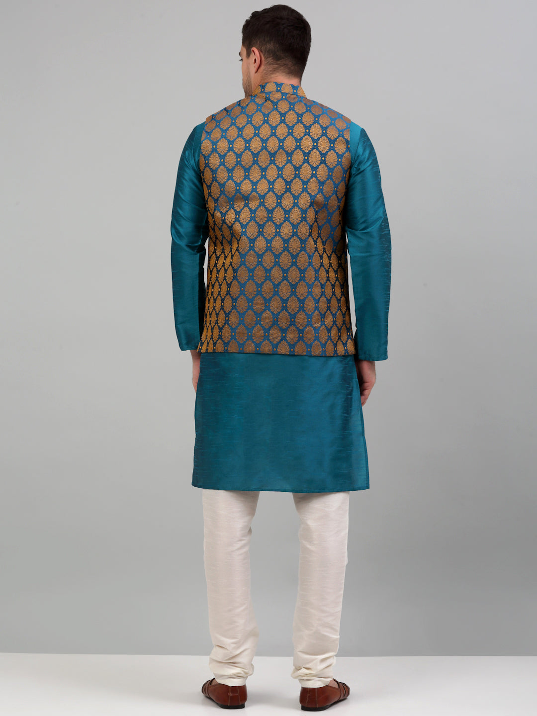 Jompers Men's Woven Design Nehru Jacket and Kurta Pyjama Set - Blue | Grocsy